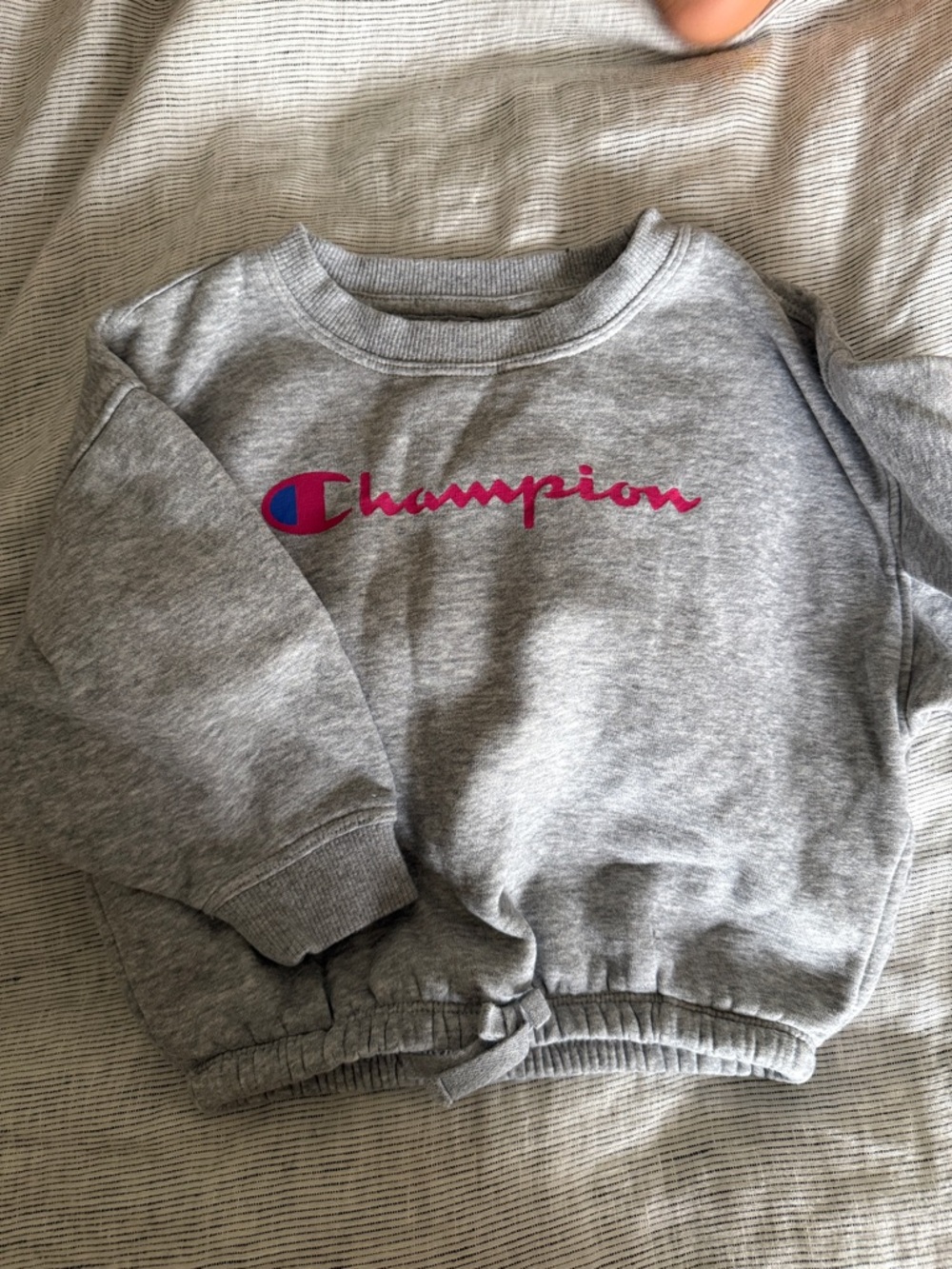 Champion Kids Gray Sweatshirt with Pink Script and Blue Logo Accent